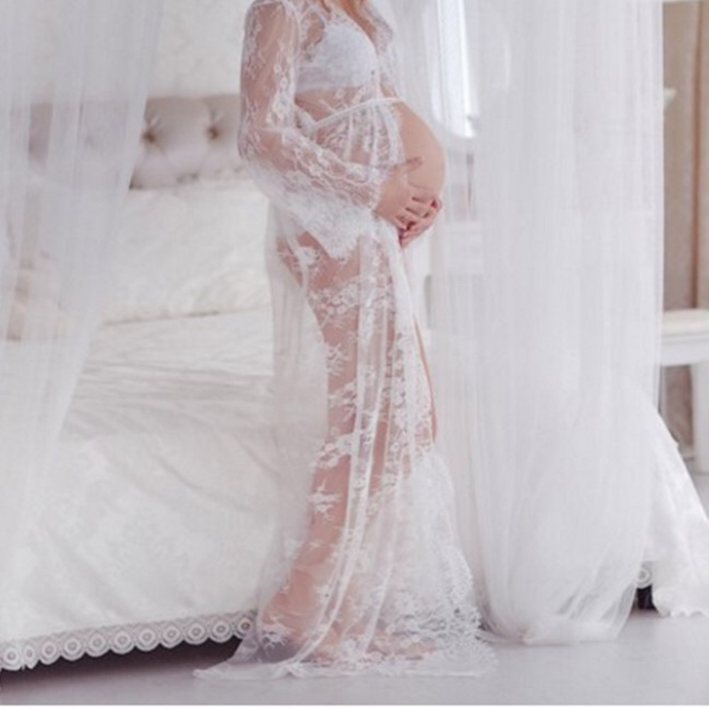 White lace long lingerie robe / Maternity